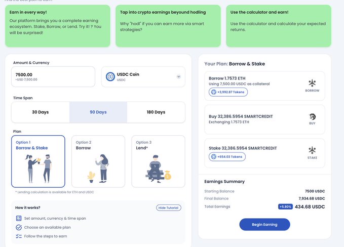 A cryptocurrency earning calculator interface showing a 'Borrow & Stake' plan for 7,500 USDC over 90 days, projecting a total earning of 434.68 USDC (~5.80%).