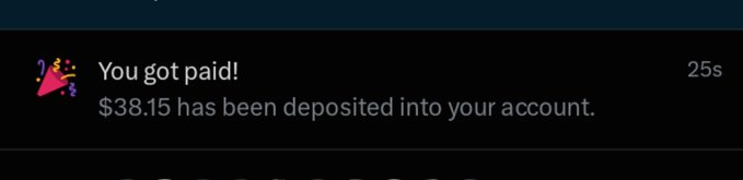 A notification from a payment app displays "You got paid! $38.15 has been deposited into your account," celebrating the user's first payout which they attribute to "Daddy Elon." The celebratory tone of the post matches the confetti party popper emoji beside the notification, marking the start of what the user hopes will lead to larger earnings.