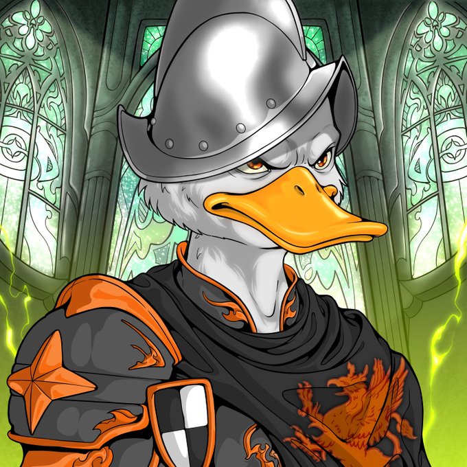 An armored duck knight with orange and black heraldry stands before gothic stained-glass windows as a humorous visual stand-in for the scrappy, hastily-built crypto projects flooding Robinhood. The regal but absurd duck mirrors the post's mockery of low-effort, bot-boosted token launches reminiscent of the 2021 altcoin boom.