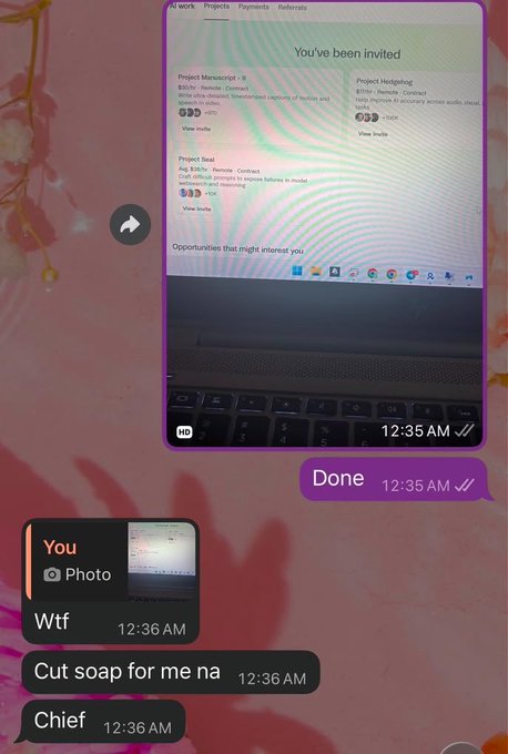 A screenshot of a phone showing a messaging app conversation where someone sent a photo of a laptop displaying a "You've been invited" page with project opportunities on what appears to be the Outlier platform (Project Mensurator, Project Hedgelogist, and Project Beat), followed by the messages "Wtf," "Cut soap for me na," and "Chief," referencing the post about UK Handshake accounts now having available projects and management services.