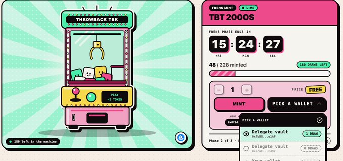 A digital interface for the 'Frens Mint TBT 2000S' NFT collection showing a claw machine illustration on the left and minting details including a 15:24:27 countdown, 48/228 minted, and 100 days left on the right.