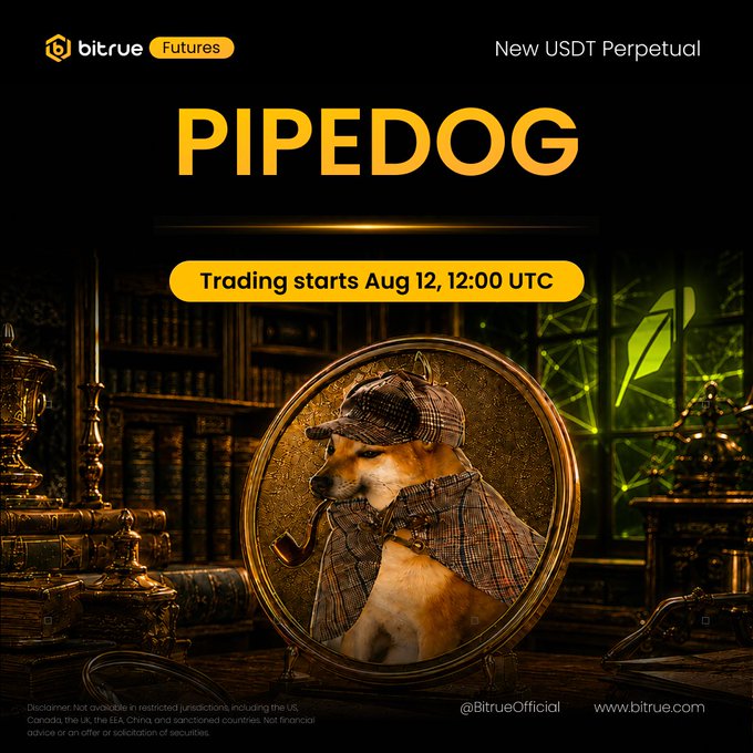 A Bitrue Futures promotional graphic announces the new USDT Perpetual "PIPEDOG" token, featuring a Sherlock Holmes-style dog with a deerstalker hat and pipe displayed in an ornate golden frame. The ad specifies "Trading starts Aug 12, 12:00 UTC" and promotes $PIPEDOGUSDT Perpetual Futures, aligning with the post's announcement of the meme token launching with up to 10x leverage.