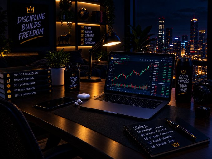 A nighttime desk setup featuring a laptop displaying a stock chart, books labeled 'CRYPTO & BLOCKCHAIN', 'TRADING STRATEGY', and others, alongside a 'DISCIPLINE BUILDS FREEDOM' poster and a city skyline view.