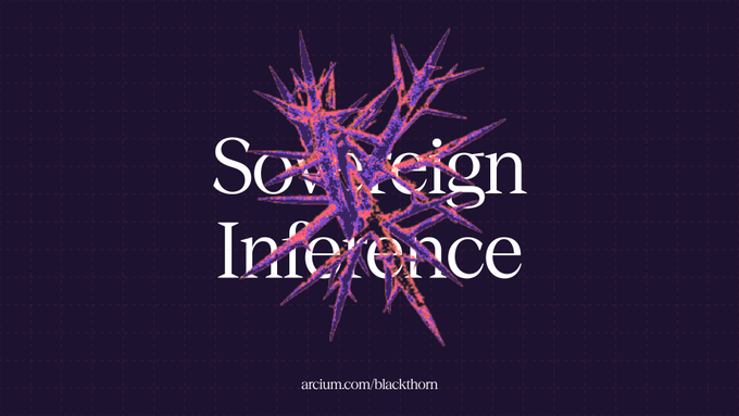 A graphic featuring the text "Sovereign Inference" and "arcium.com/blackthorn" overlaid on an abstract red and purple spiky form against a dark navy background. The sharp, radiating imagery visually represents the harsh reality of centralized AI data collection, while the text promotes Blackthorn as Arcium's solution for private-by-default AI inference with minimal trust assumptions.