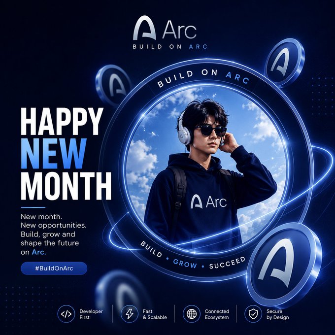 A promotional graphic for 'Arc' cryptocurrency featuring a young man in sunglasses and headphones wearing an Arc hoodie, with the text 'HAPPY NEW MONTH' and 'Build, grow and shape the future on Arc.'