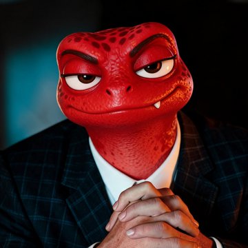 A red reptilian character with half-lidded eyes and folded hands, wearing a checkered suit, poses in a smug, contemplative manner that mirrors the post's confident "bullish" conviction on the $INTERN and $CASHCAT tickers, visually representing the calm assurance behind the "still bullish" thesis.