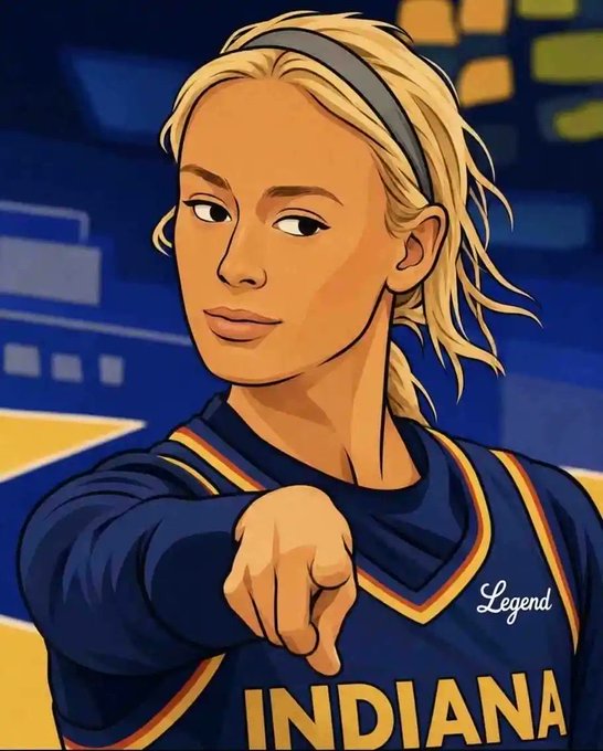 The illustration depicts a stylized cartoon portrait of a blonde woman wearing a navy blue Indiana jersey with the word "INDIA" (truncated) and a "Legend" signature visible, pointing confidently at the viewer. The image ties to the "Bitcoin at $110K" caption by personifying a bold, laser-eyed prediction—the figure's assertive gesture mirroring a confident call-out on Bitcoin's price milestone.