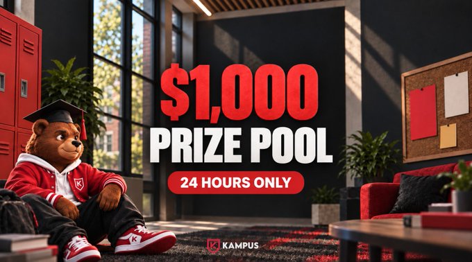 The image shows a bear mascot in graduation attire and red sneakers lounging in a stylish school-themed room, with bold text reading "$1,000 PRIZE POOL — 24 HOURS ONLY" and the "KAMPUS" branding at the bottom. It serves as a promotional graphic for a giveaway where 100 participants can claim rewards by joining the Kampus Discord and sharing a random confession on a first-come, first-served basis.
