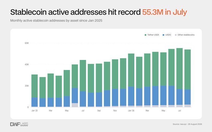 **Caption:** A DWF Labs chart showing monthly stablecoin active addresses reaching a record 55.3M in July, with USDT (green) dominating at roughly 69% share alongside USDC (blue) and other stablecoins (gray) tracked since January 2025, illustrating how address activity continued climbing even as total stablecoin supply remained flat at ~$300B.