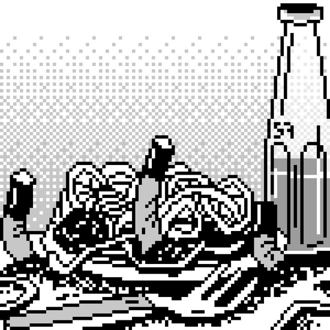 A pixel art black-and-white scene depicts a group of figures gathered around a table with bottles, next to a tall bottle labeled 'ST'.