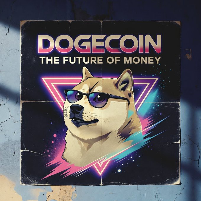 The image features a poster with a cartoon dog wearing glasses, sunglasses, and neon colors. The text "Dogecoin" is written above the dog's head, and the phrase "THE FUTURE OF MONEY" is below the dog's head. The background of the poster has a blue wall with some cracks in it.