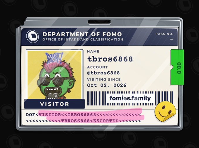 The image displays a "Department of FOMO" visitor ID card for user "tbros6868," marked as "Visiting Since Oct 02, 2026" and stamped "Visitor" and "Escorted" on "fomies.family," featuring a cartoon pickle mascot with sunglasses. This visual aligns perfectly with the post's humor, satirizing the tedious NFT "free mint" approval waitlist by presenting it as a tongue-in-cheek government ID where users are "escorted visitors" stuck in the fictional "FOMO" bureaucracy until their file gets stamped for entry.
