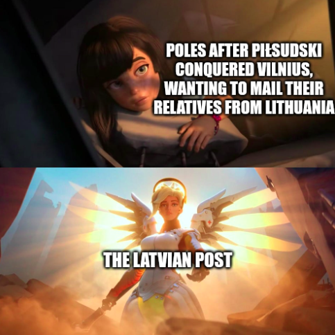 The image features a woman with wings, who appears to be an angel or a fairy, holding a sword and standing against a backdrop of a sunset. The text above her reads "Poles after Pilsudski conquered Vilnius, wanting to mail their relatives from Lithuania." Below the image, there is a caption that says "The Latvian post" followed by another caption that says "the latvian post".