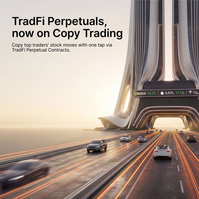 An advertisement reads 'TradFi Perpetuals, now on Copy Trading' and 'Copy top traders' stock moves with one tap via TradFi Perpetual Contracts,' showing a futuristic cityscape with a stock ticker displaying NVDA +2.1%, AAPL +1.1%, and TSL.