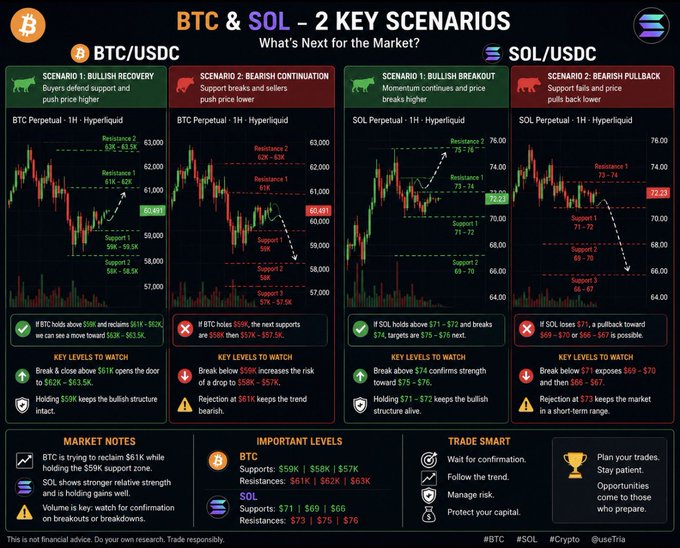 A financial infographic titled "BTC & SOL – 2 KEY SCENARIOS" displaying four candlestick chart panels showing bullish and bearish scenarios for BTC/USDC (around $59K-$63K) and SOL/USDC (around $66-$76) on Hyperliquid, with key support/resistance levels and trading notes—aligning with the post's mention of BTC's bounce from $58K-$59K lows and attempt to reclaim $60K.