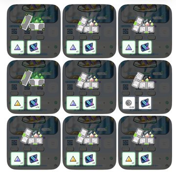 A grid of nine identical square icons, each depicting a white blocky object with green liquid inside a container, accompanied by geometric symbols below.