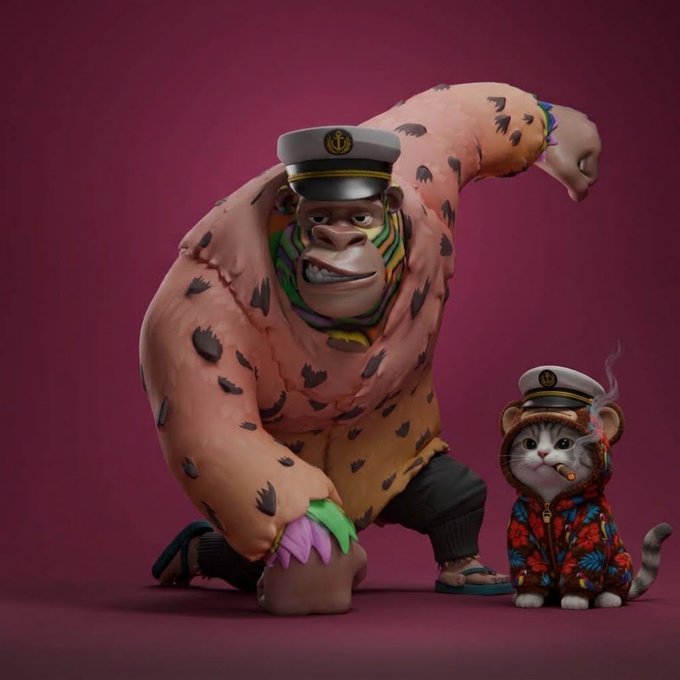 A 3D rendered image of a muscular gorilla in a sailor hat alongside a cat wearing a floral hoodie and sailor hat, both smoking cigars against a maroon background.