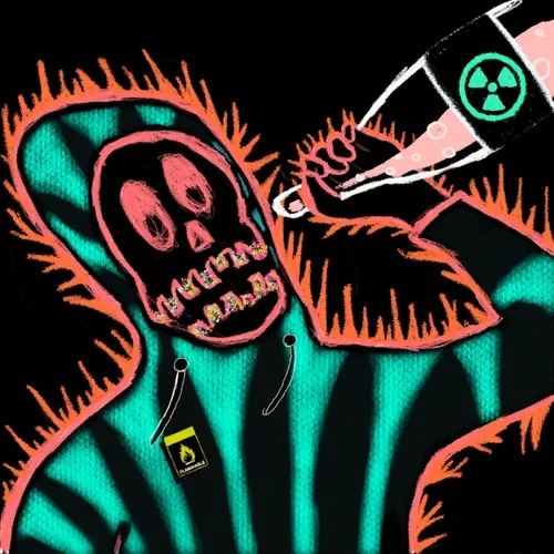 A skeletal figure in a black-and-orange hooded robe holds a smoking radioactive vial, with a hazard tag hanging from its chest, mirroring the NFT's "rektguy" theme of reckless crypto misfortune. The accompanying post confirms this is rektguy #5912, sold for 0.229 ETH on OpenSea.