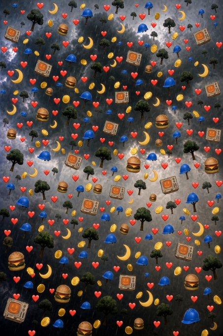 A dark stormy sky pattern overlaid with a repeating scattered mosaic of emoji icons including red hearts, crescent moons, gold coins, burgers, umbrellas, trees, and square tiles.