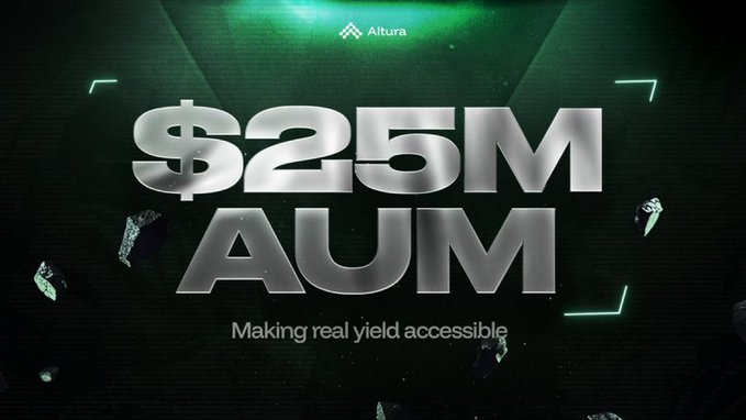 The image presents a poster or flyer for a product named "Altura", which appears to be related to cryptocurrency or digital tokens, possibly indicating a $25M AUM. The text above the image provides information about Altura's purpose and potential benefits of using this service. It mentions that Altura is designed to help users make real yield accessible and suggests that it can potentially increase access for those who may have difficulty accessing traditional investment opportunities due to various constraints, such as lack of time or knowledge. The background of the poster features a green gradient with white text on it.