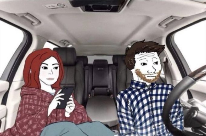 Two cartoon-styled figures—a redheaded woman looking at her phone and a bearded man in a checkered shirt gripping a steering wheel—sit in the front seats of a car, illustrating the "wolf of the road" meme format used as a humorous metaphor for influencers subtly misleading their followers about how their trading profits are actually generated by the followers themselves.