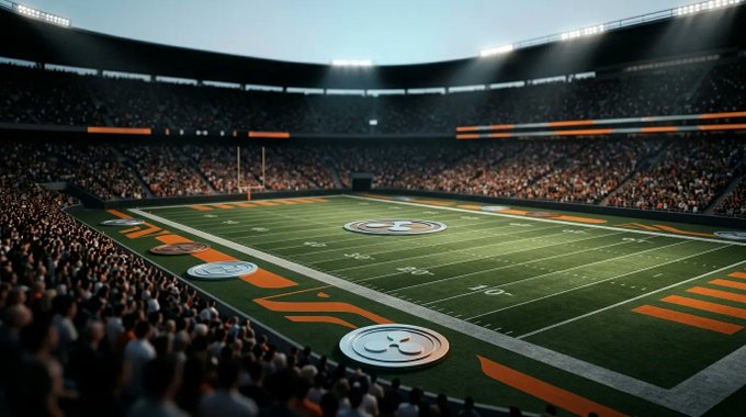 A wide-angle view of a packed American football stadium at night, illuminated by bright floodlights, featuring orange accents on the field and a circular logo at midfield.