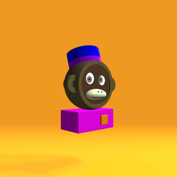 A 3D-rendered cartoon monkey head wearing a blue top hat sits atop a purple block with a yellow accent, set against an orange background—visually representing the OCM Dimensions NFT #84 purchased by 93s8 for 0.065 BTC via Satflow marketplace.