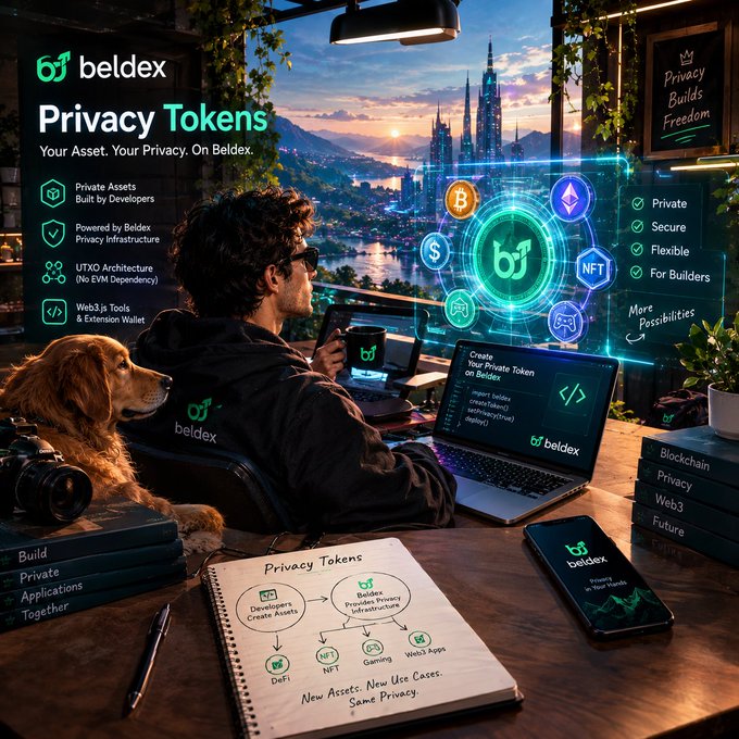A promotional image for Beldex's 'Privacy Tokens' features a man and a dog at a desk overlooking a futuristic cityscape, with text highlighting features like 'Private Assets Built by Developers,' 'Powered by Beldex Privacy Infrastructure,' 'UTXO Architecture,' and 'Web3.js Tools & Extension Wallet,' alongside holographic logos for Bitcoin, Ethereum, NFTs, and Gaming.