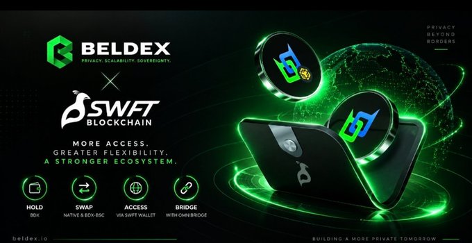 A promotional banner for 'BELDEX' collaborating with 'SWFT Blockchain,' highlighting features like 'HOLD BDX,' 'SWAP NATIVE & BDX-BSC,' 'ACCESS VIA SWIFT WALLET,' and 'BRIDGE WITH CHAINBRIDGE,' with the tagline 'MORE ACCESS. GREATER FLEXIBILITY. A STRONGER ECOSYSTEM.' and showing BDX crypto coins and a wallet device.