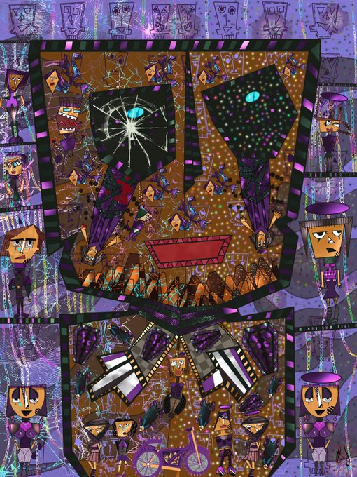 A vibrant, abstract collage-style artwork featuring stylized faces, a large eye, geometric patterns, and symmetrical elements in purple, brown, and blue tones.