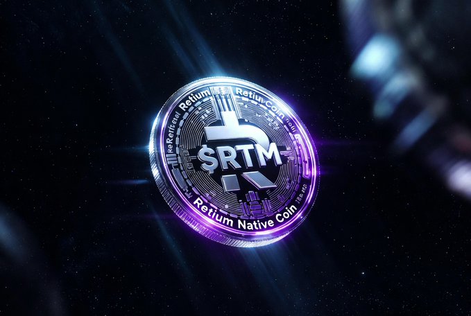 A glowing digital coin featuring the text "$RTM" and "Retium Native Coin" floats against a cosmic starry background with purple and blue lighting effects.