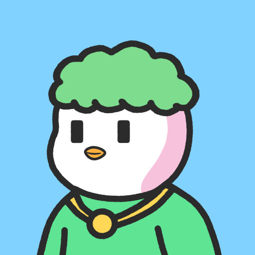 A cartoon illustration of a white bird-like character with green curly hair, wearing a green shirt and gold necklace, against a light blue background.