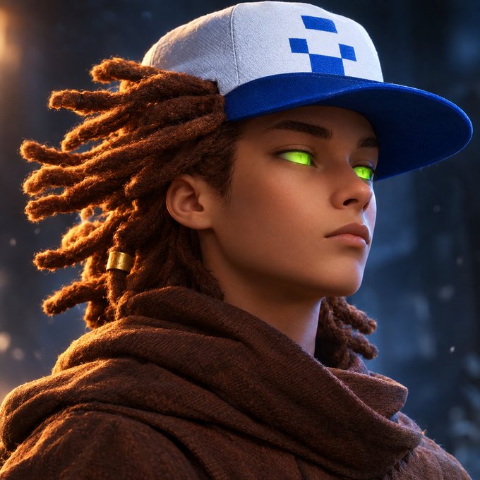 A 3D-rendered portrait of a character with dreadlocks and glowing green eyes, wearing a blue and white cap and a brown hoodie.