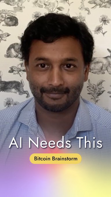 A man with dark hair and a beard appears against a floral/botanical patterned wallpaper, with text overlay reading "AI Needs This" above a "Bitcoin Brainstorm" label, visually introducing the podcast clip discussing how AI and Bitcoin are technologically intertwined.
