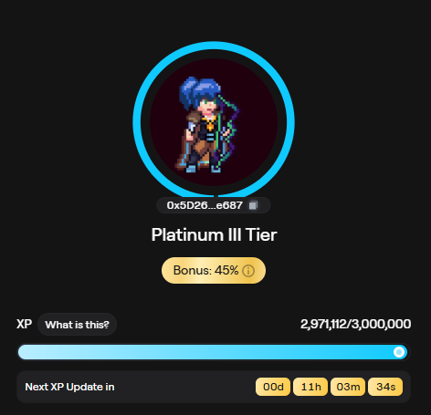 A profile interface showing a pixel art character avatar for wallet '0x5D26...e687', displaying 'Platinum III Tier' with a 45% bonus, an XP progress bar at 2,971,112/3,000,000, and a countdown timer of '00d 11h 03m 34s'.