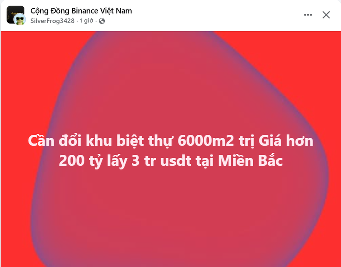A red-themed social media post from "Cộng đồng Binance Việt Nam" by SilverFrog3428, featuring Vietnamese text about a 6000m2 resort villa worth over 200 billion being exchanged for 3 billion USDT in Northern Vietnam.