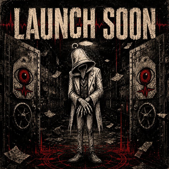 A dark horror-themed graphic with 'LAUNCH SOON' text featuring a bell-headed humanoid figure, red eyes, and scattered money.