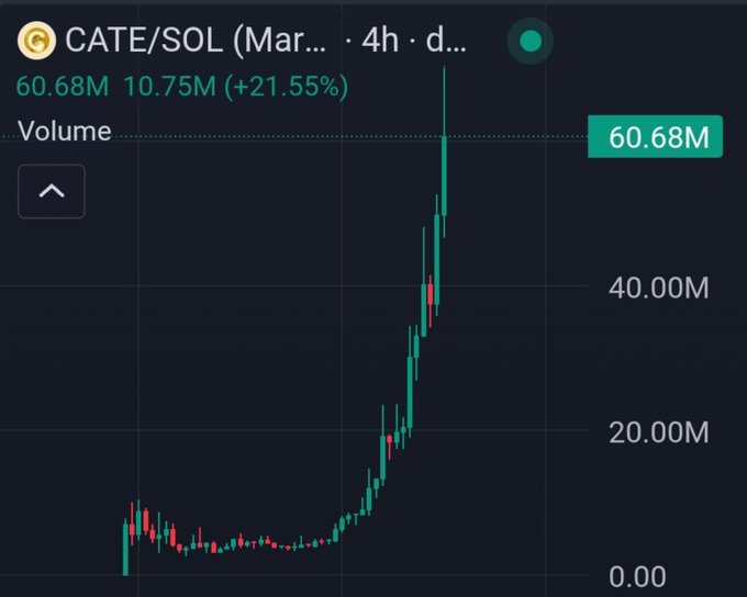 The image shows a cryptocurrency chart for CATE/SOL, with the volume reaching $60.68M. This aligns with the accompanying text's claim of "$CATE hit $70M" and its discussion of significant financial activity.