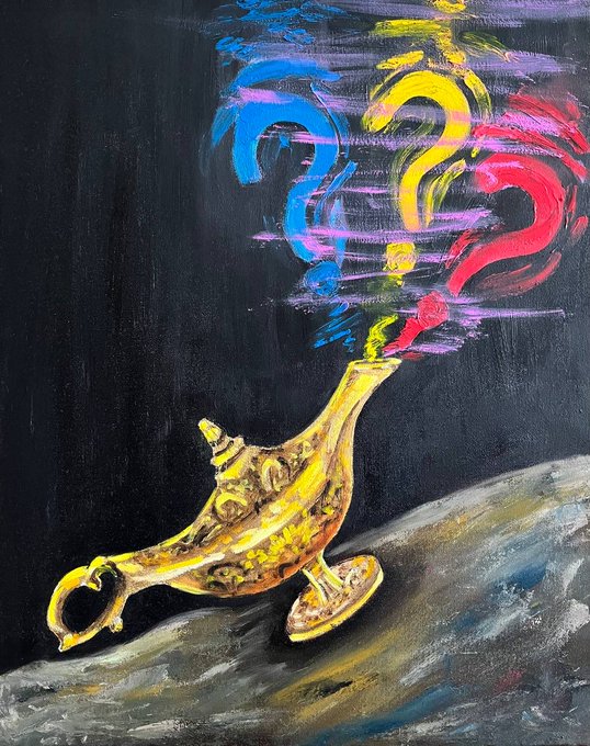A painting of a golden genie's lamp on a rocky surface, with three colorful question marks (blue, yellow, and pink/red) painted above it emerging from the smoke against a dark background.