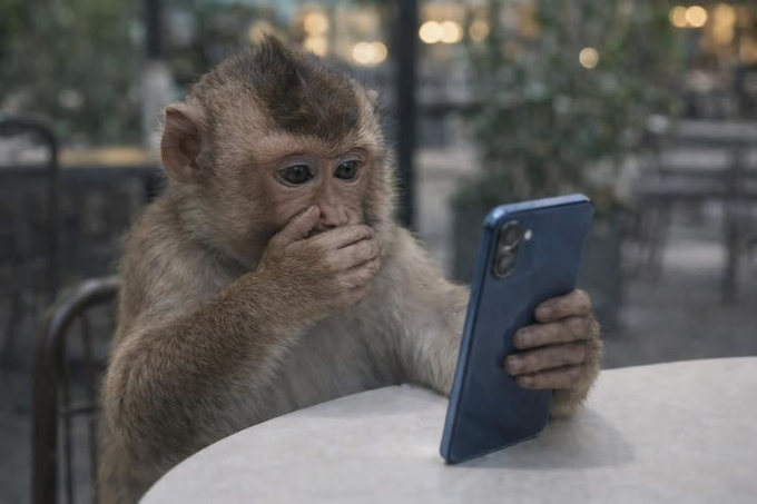 A young monkey sits at an outdoor café table, hand over its mouth in apparent surprise while staring at a smartphone held in the other hand, humorously capturing the speculative "watchful waiting" mood of crypto traders eyeing $PUNCH and Solana memecoins as SOL potentially enters a consolidation range.
