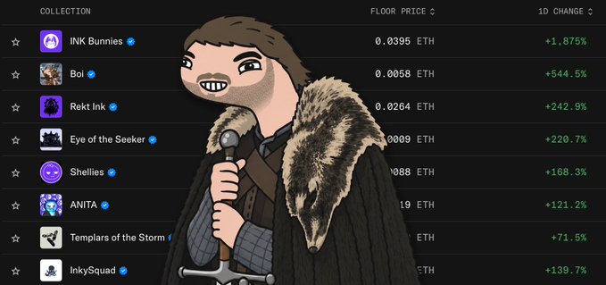 A cartoon drawing of a character resembling Jon Snow holding a sword, superimposed over a cryptocurrency marketplace listing collections like 'INK Bunnies', 'Boi', and 'Rekt ink' with their floor prices in ETH and percentage changes.