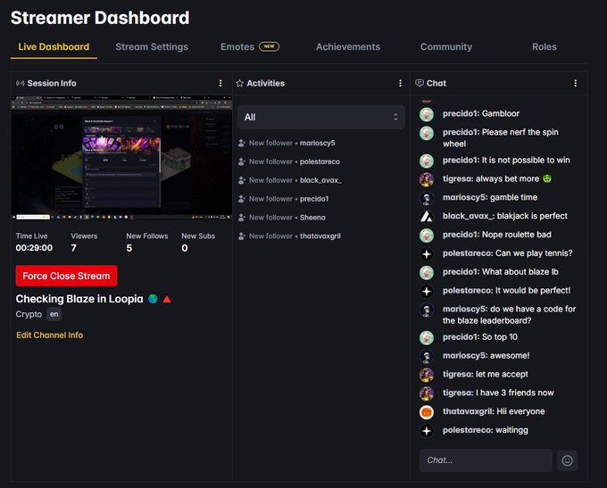 A Streamer Dashboard showing session info, activities (new followers listed), and a live chat panel with users discussing gambling, blackjack, and a 'blaze leaderboard', with stats showing 7 viewers, 5 new follows over 29 minutes.