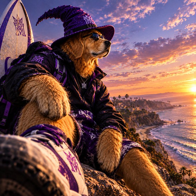 A bear in a purple wizard hat, sunglasses, and matching jacket sits on a cliff with a surfboard, overlooking a sunset coastline.