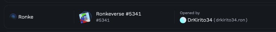 A notification banner congratulating DrKirito34 (drkirito34.ron) for opening Ronke trade #5341, titled "Ronkeverse #5341."