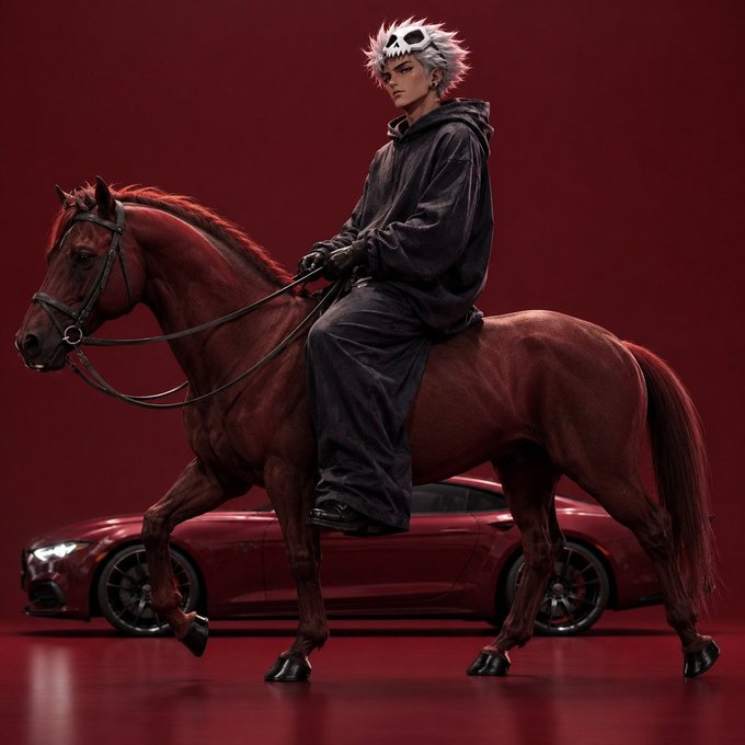 A spiky white-haired anime-style rider in a dark cloak sits atop a powerful dark horse against a deep red backdrop, with a sleek red sports car visible behind them — capturing a determined, "trying again" spirit as the rider charges forward into the new day.