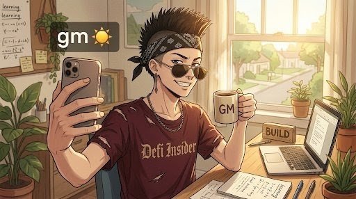 An anime-style character with a mohawk and sunglasses takes a selfie holding a "GM" mug, wearing a shirt that reads "DeFi Insider." The scene reflects the post's cheerful "Good Morning" greeting vibe, with the "gm" badge, sun icon, and cozy workspace complete with a "BUILD" sign reinforcing the relaxed, optimistic crypto community atmosphere.