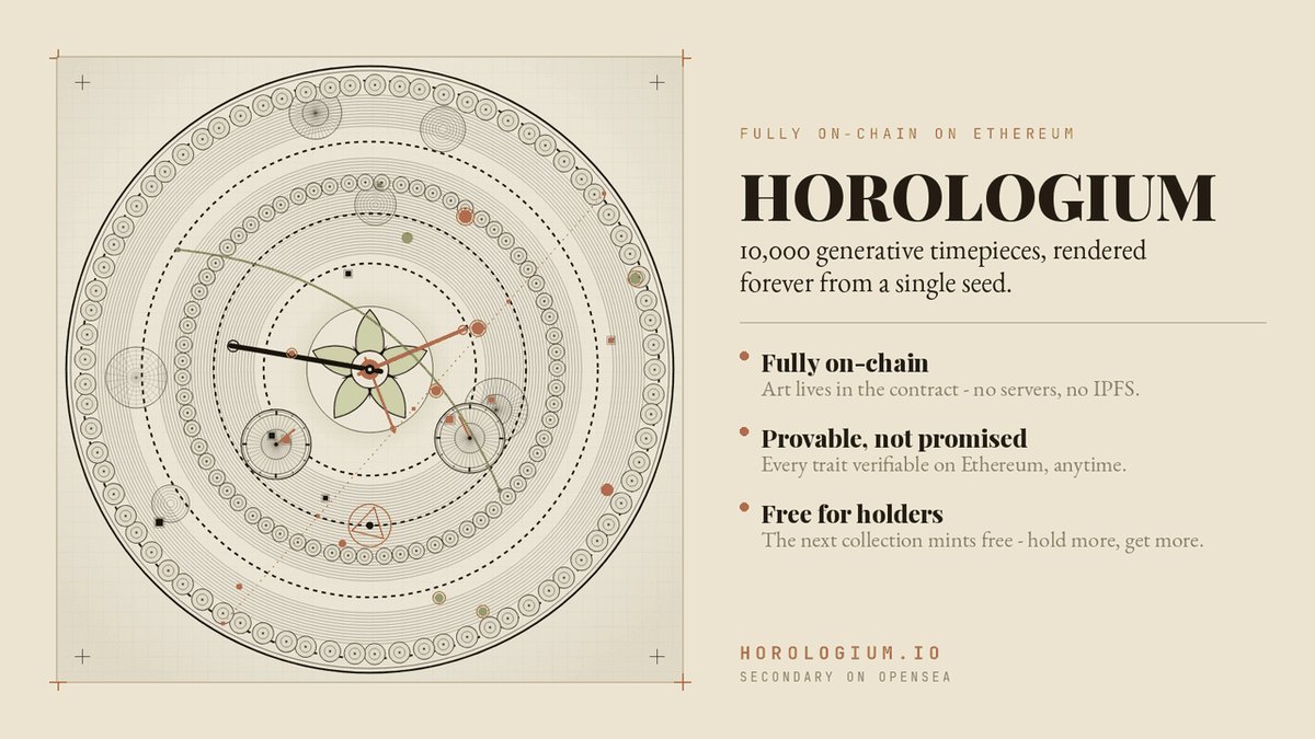 The image features a clock with a circular design, surrounded by text that provides information about the concept of horology. The text explains that this particular type of clock is a fully-generated timepiece, meaning it is created entirely from a single seed rather than relying on external factors like servers or IPFS. It also mentions that each piece of the clock can be rendered instantly and independently, without any need for servers or other resources. This makes it an ideal solution for those who want to avoid the complexities associated with traditional clocks. The image is accompanied by a caption that provides additional information about the concept of horology in a clear and concise manner.