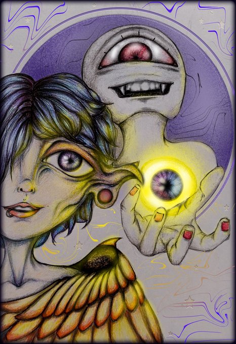 An illustrated artwork featuring a pale character holding a glowing eyeball alongside a floating cyclops figure with a wide grin.