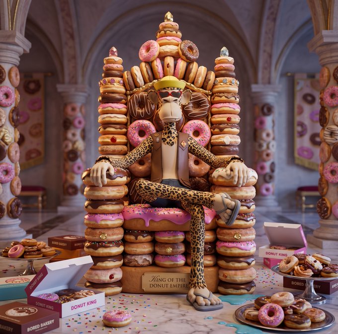 A surreal 3D render of a stylized, feline-like character wearing sunglasses and leopard-print clothing, sitting on a throne made entirely of donuts, holding a pink donut, with boxes labeled "DONUT KING" and a plaque reading "KING OF THE DONUT EMPIRE".