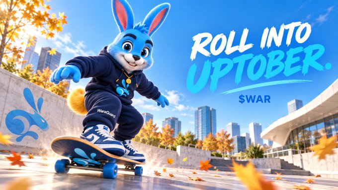 A promotional graphic shows a blue cartoon bunny in a hoodie skateboarding with the text 'ROLL INTO UPTOBER $WAR' against a cityscape with autumn leaves.